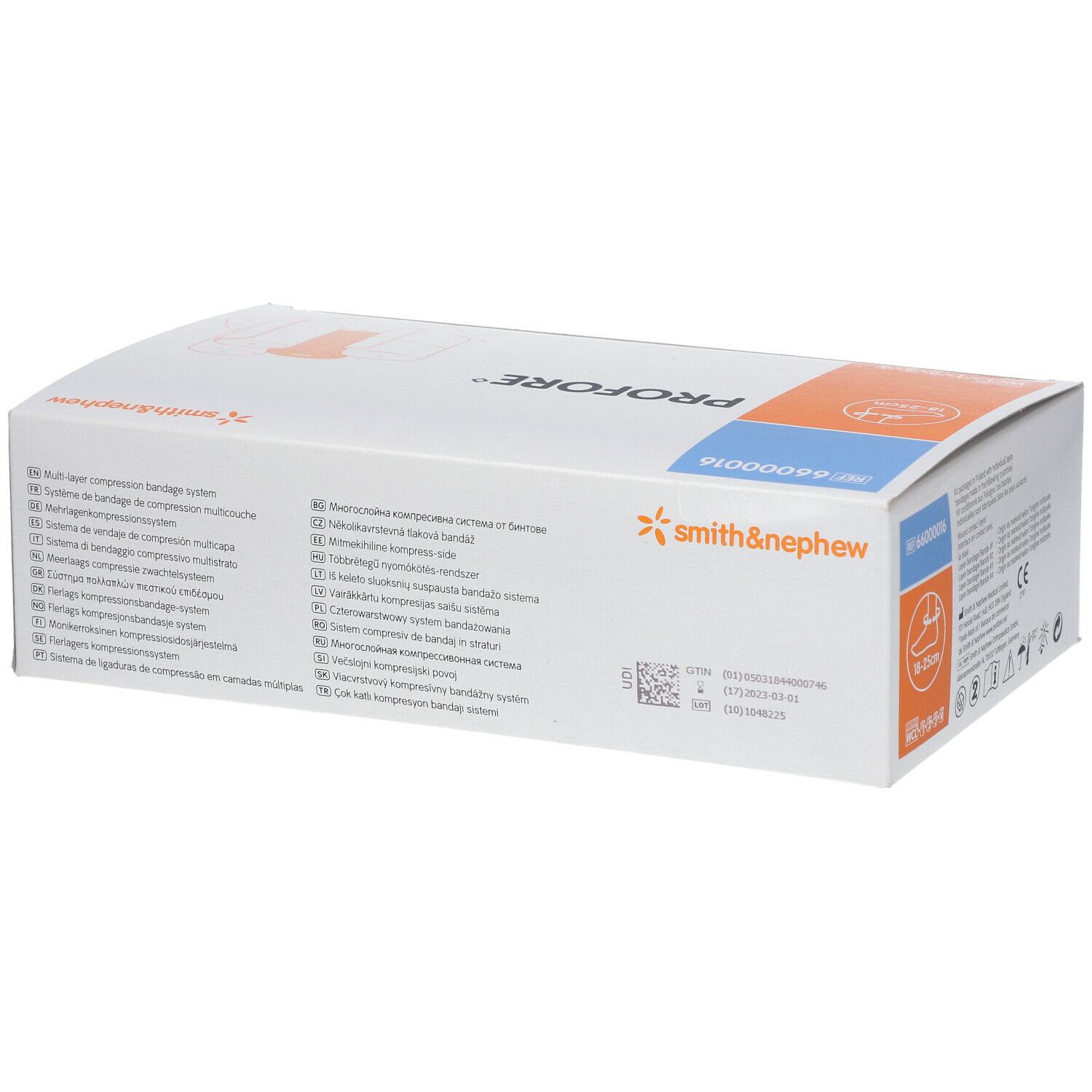 Emballage du kit Profore. Blanc, avec des accents bleus et orange. Comprend le logo Smith & Nephew et des informations sur le produit.