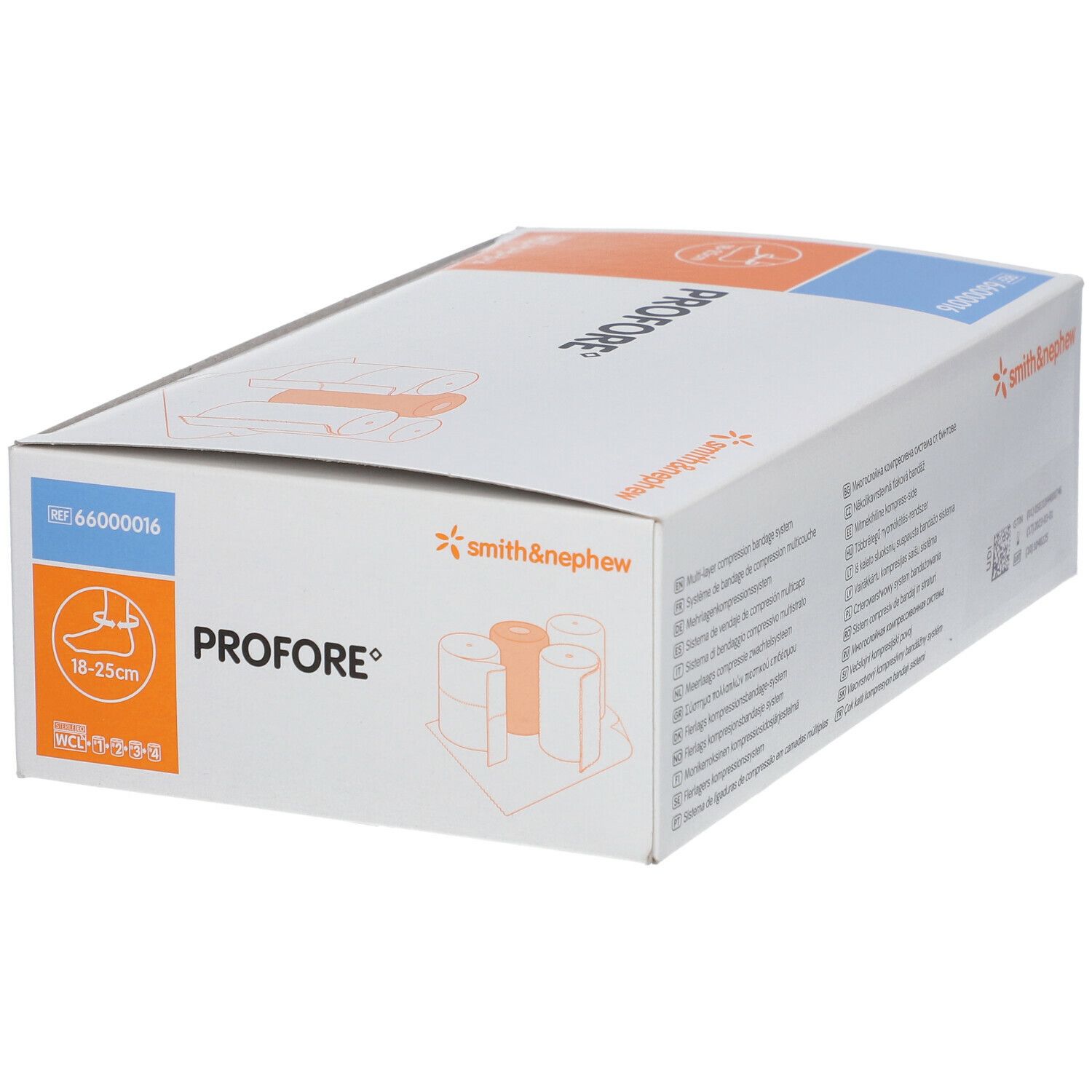 Emballage du kit Profore. Blanc, avec des accents bleus et orange. Comprend le logo Smith & Nephew et des informations sur le produit.