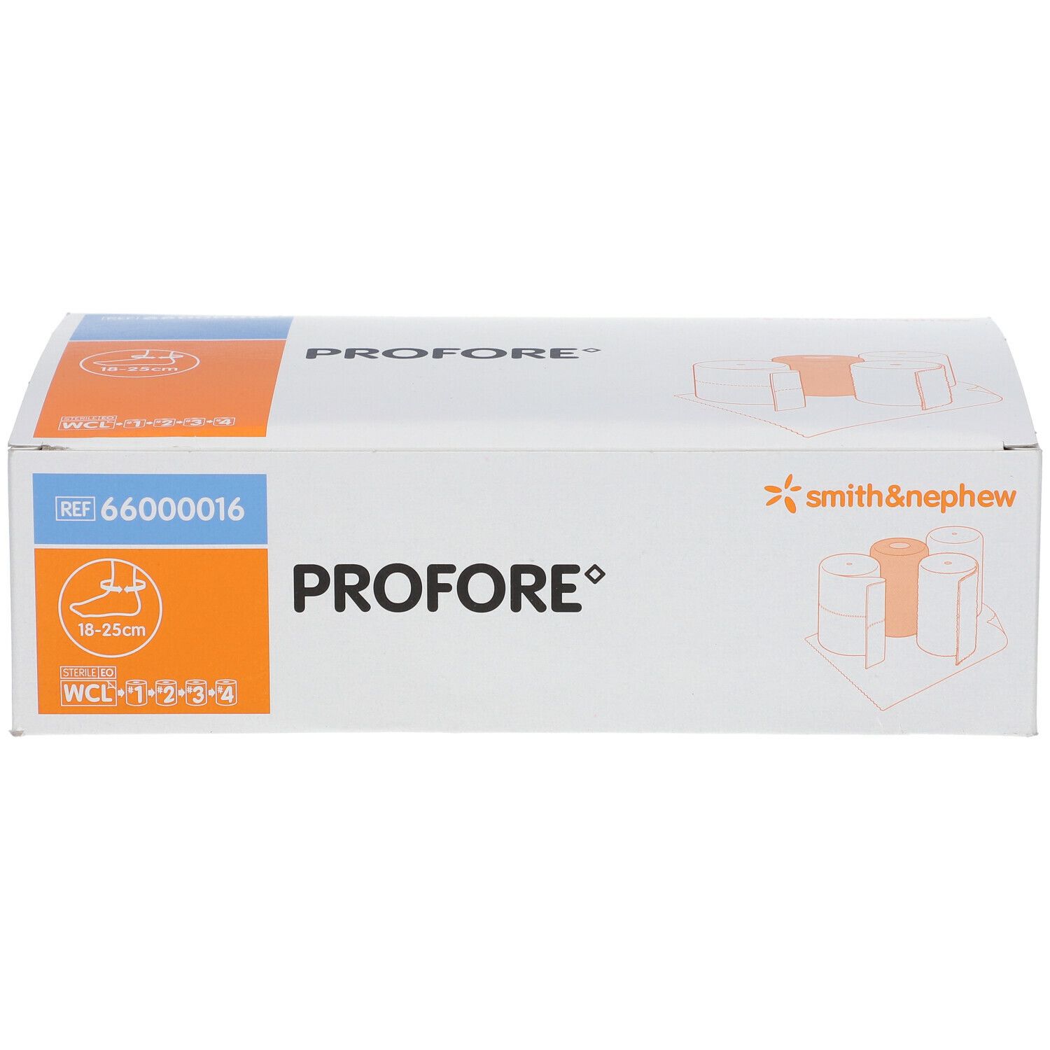 Emballage du kit Profore. Blanc, avec des accents bleus et orange. Comprend le logo Smith & Nephew et des informations sur le produit.