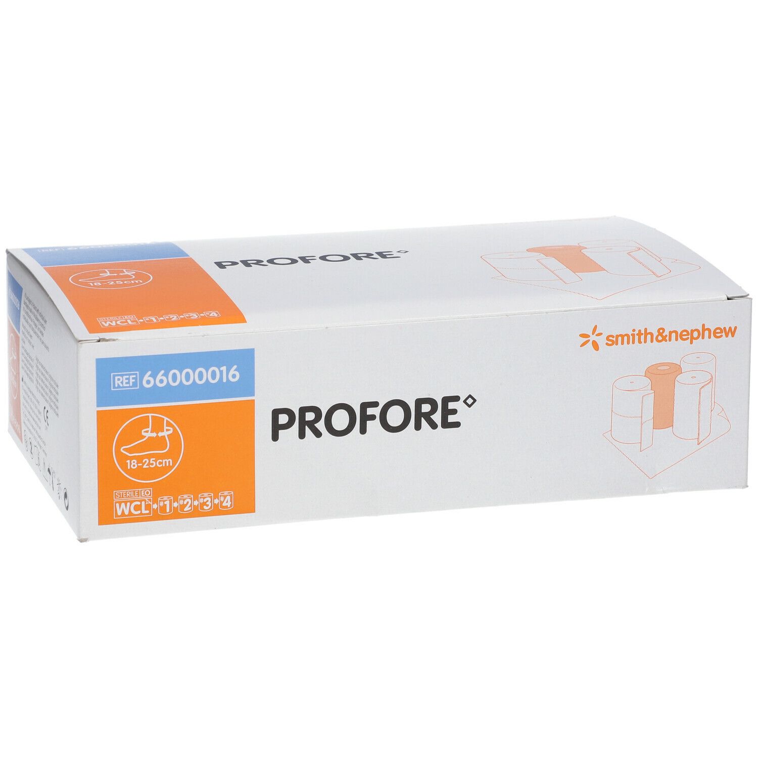 Emballage du kit Profore. Blanc, avec des accents bleus et orange. Comprend le logo Smith & Nephew et des informations sur le produit.