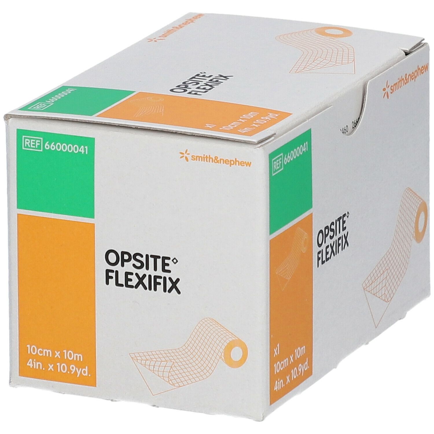 Verpakking van OPSITE FLEXIFIX. Afmeting: 10cm x 10m. Merk: smith&nephew. Witte, groene en oranje elementen.