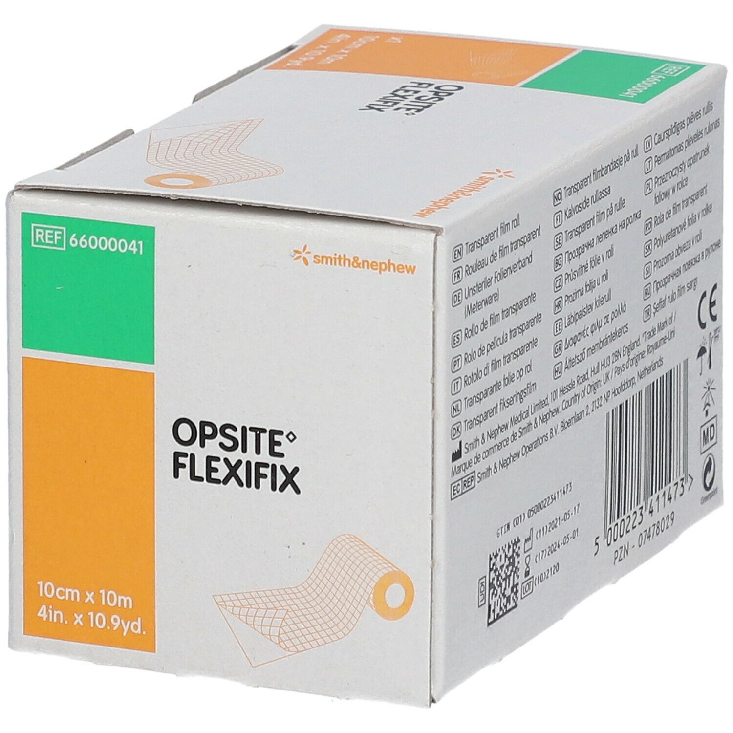 Verpakking van OPSITE FLEXIFIX. Afmeting: 10cm x 10m. Merk: smith&nephew. Witte, groene en oranje elementen.