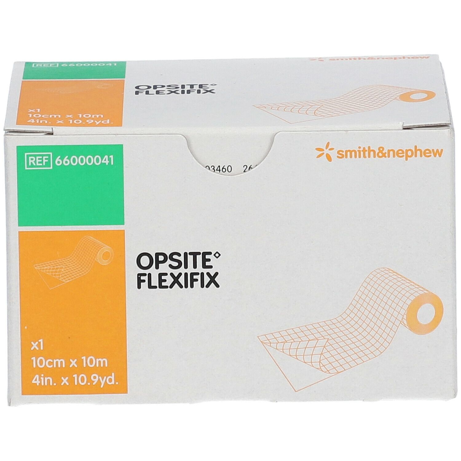 Verpakking van OPSITE FLEXIFIX. Afmeting: 10cm x 10m. Merk: smith&nephew. Witte, groene en oranje elementen.
