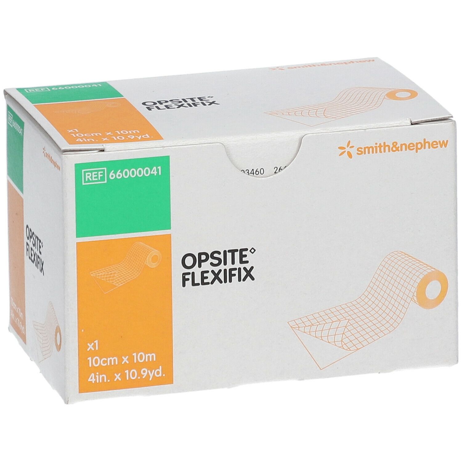 Verpakking van OPSITE FLEXIFIX. Afmeting: 10cm x 10m. Merk: smith&nephew. Witte, groene en oranje elementen.
