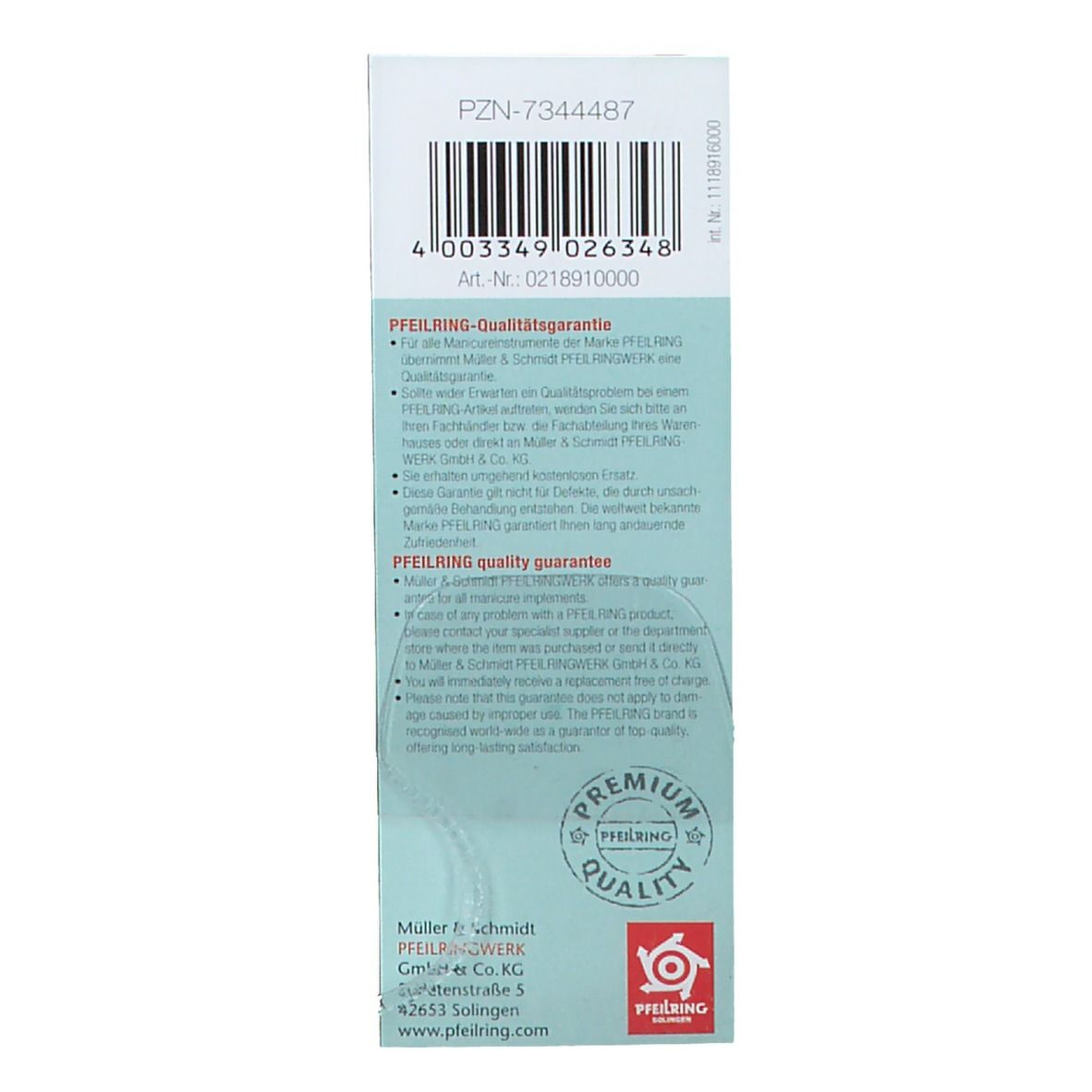 Dos de l'emballage Pfeilring. Texte, code-barres, logo et sceau de garantie de qualité. Adresse du fabricant et site web.