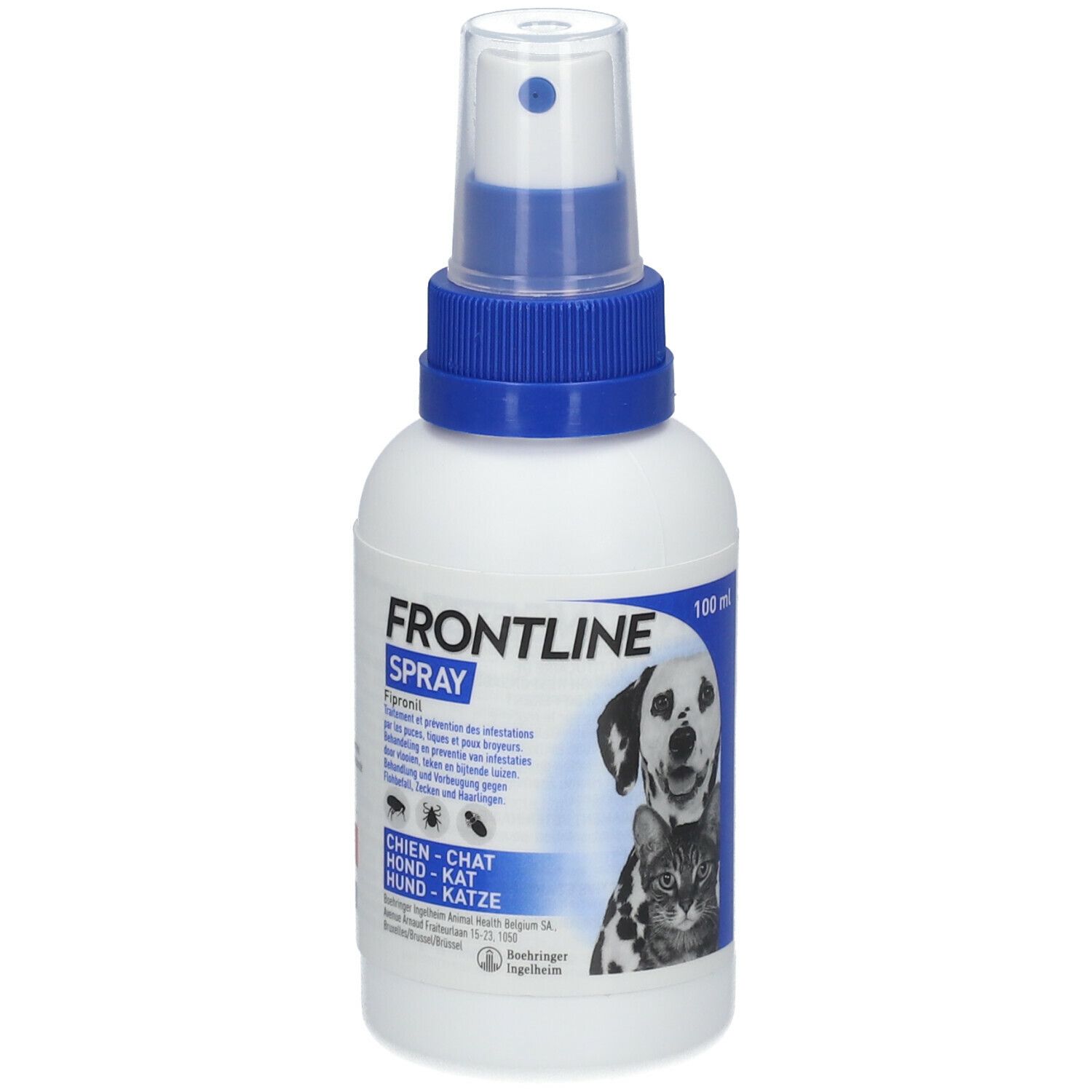 Flacon spray blanc avec tête bleue. Inscription FRONTLINE SPRAY. Image d'un chien et d'un chat. Texte en plusieurs langues.