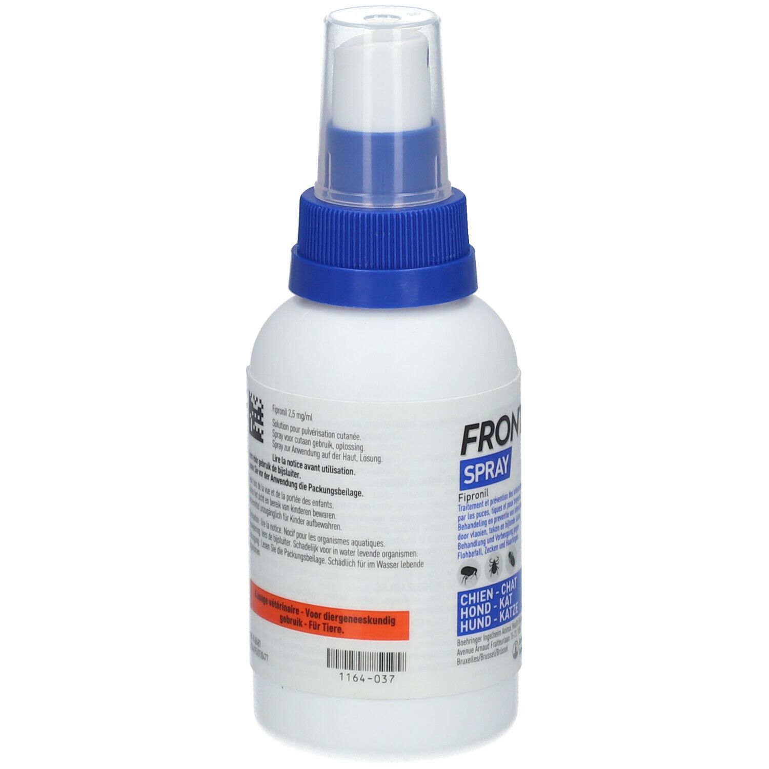 Flacon spray blanc avec tête bleue. Dos avec texte et code-barres. Bande orange avec texte.