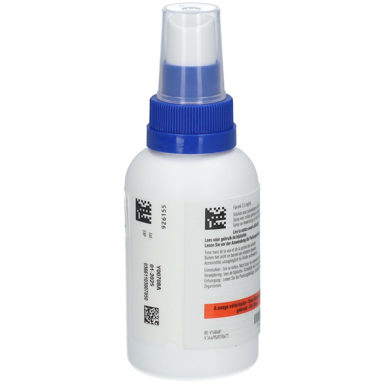 Flacon spray blanc avec tête bleue. Dos avec texte, codes-barres et QR codes. Bande orange.