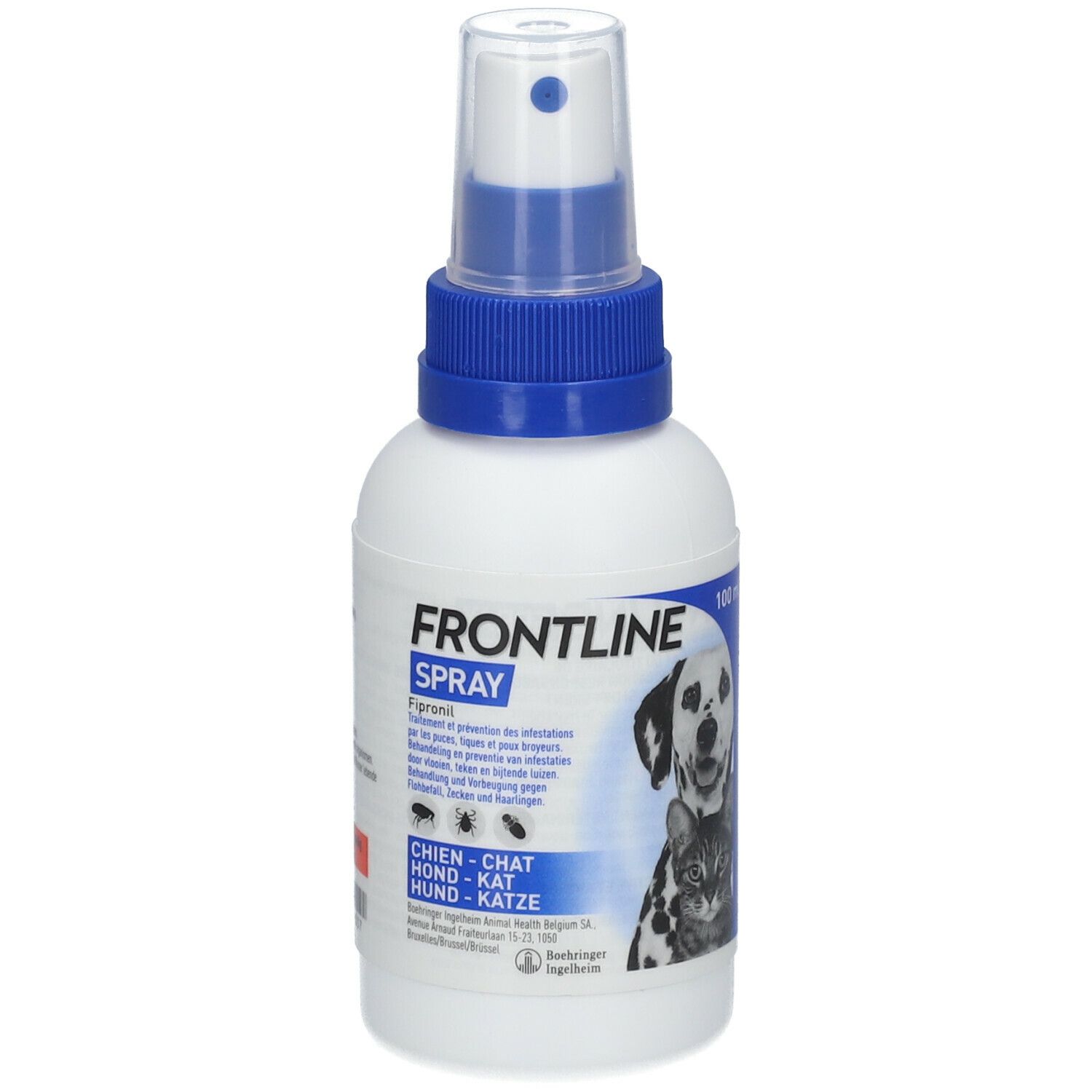 Flacon spray blanc avec tête bleue. Inscription FRONTLINE SPRAY. Image d'un chien et d'un chat. Texte en plusieurs langues.