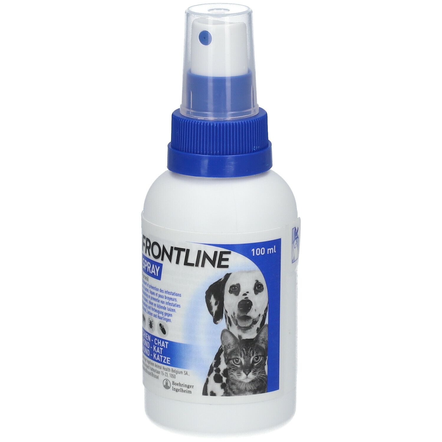 Flacon spray blanc avec tête bleue. Inscription FRONTLINE SPRAY. Image d'un chien et d'un chat. 100 ml.