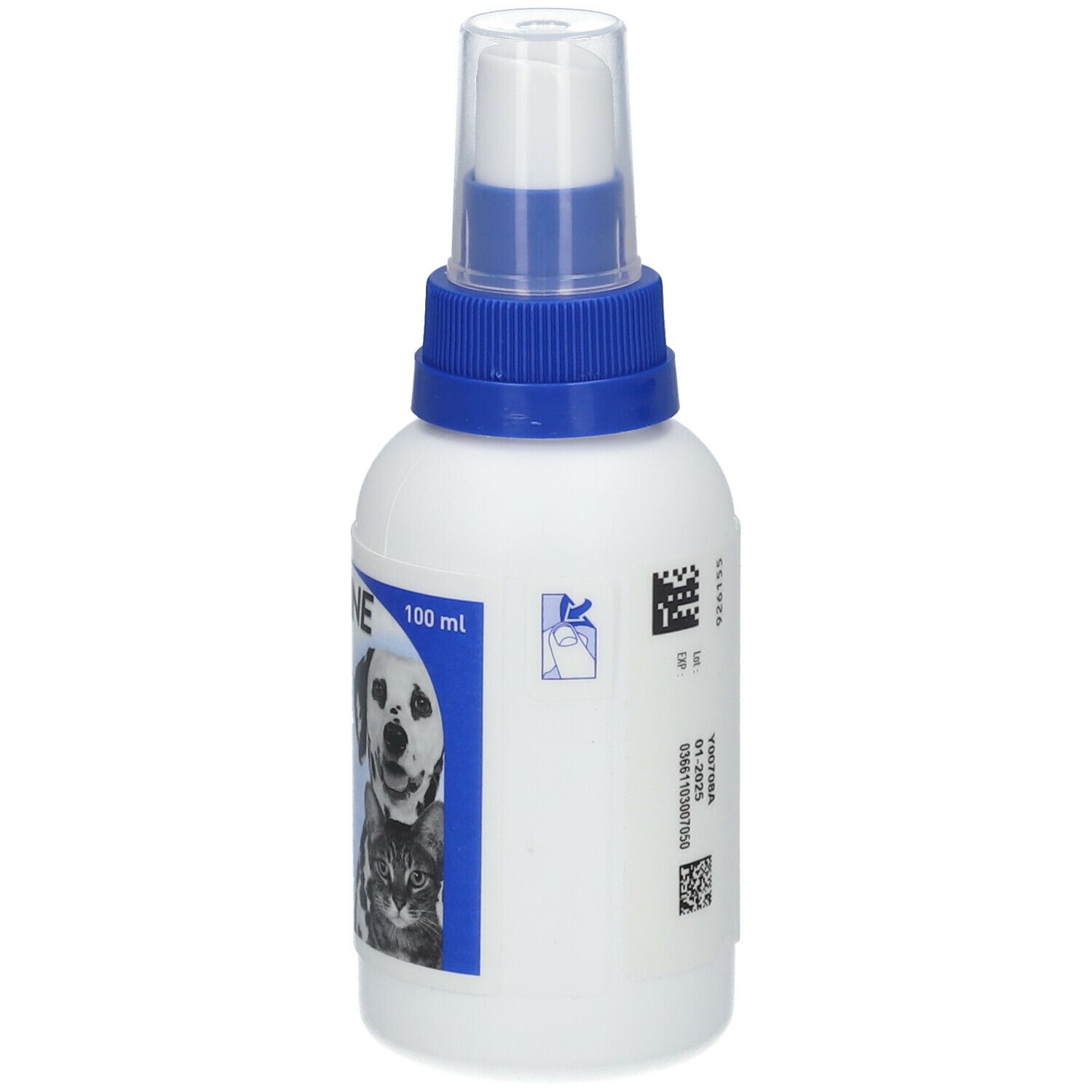 Flacon spray blanc avec tête bleue. Inscription FRONTLINE SPRAY. Image d'un chien et d'un chat. 100 ml. Dos avec texte.