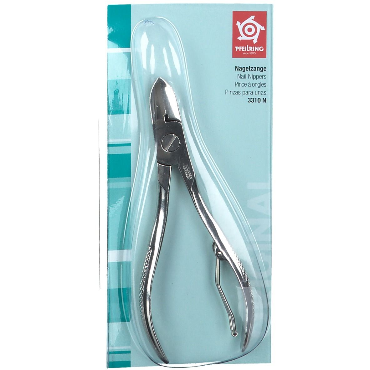 Nageltang in blisterverpakking. Zilverkleurig metaal. Gekerfde handgreep. Merk Pfleilring, tekst: Nagelzange, Nail Nippers.