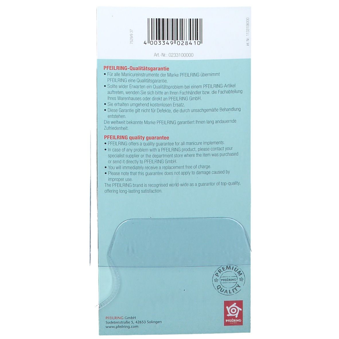 Achterkant van de blisterverpakking. Tekst: Pfleilring Qualitätsgarantie. Barcode. Logo Premium Quality. Merk Pfleilring.