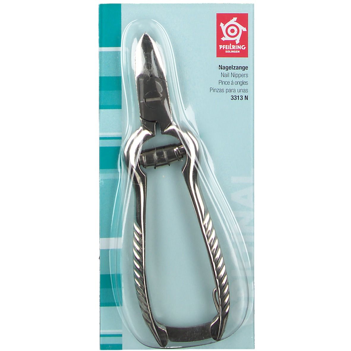 Tronchese per unghie in confezione blister. Strumento metallico con manici e tagliente. Logo Pfeilring e nome del prodotto.