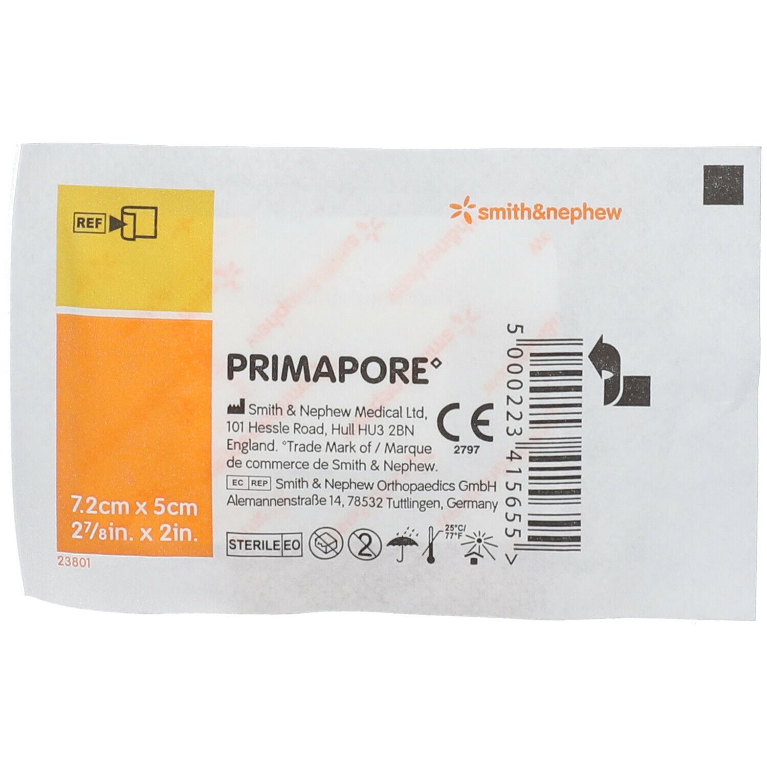 Emballage de pansement Primapore, 7,2 cm x 5 cm. Stérile. Marque CE et logo Smith & Nephew visibles.