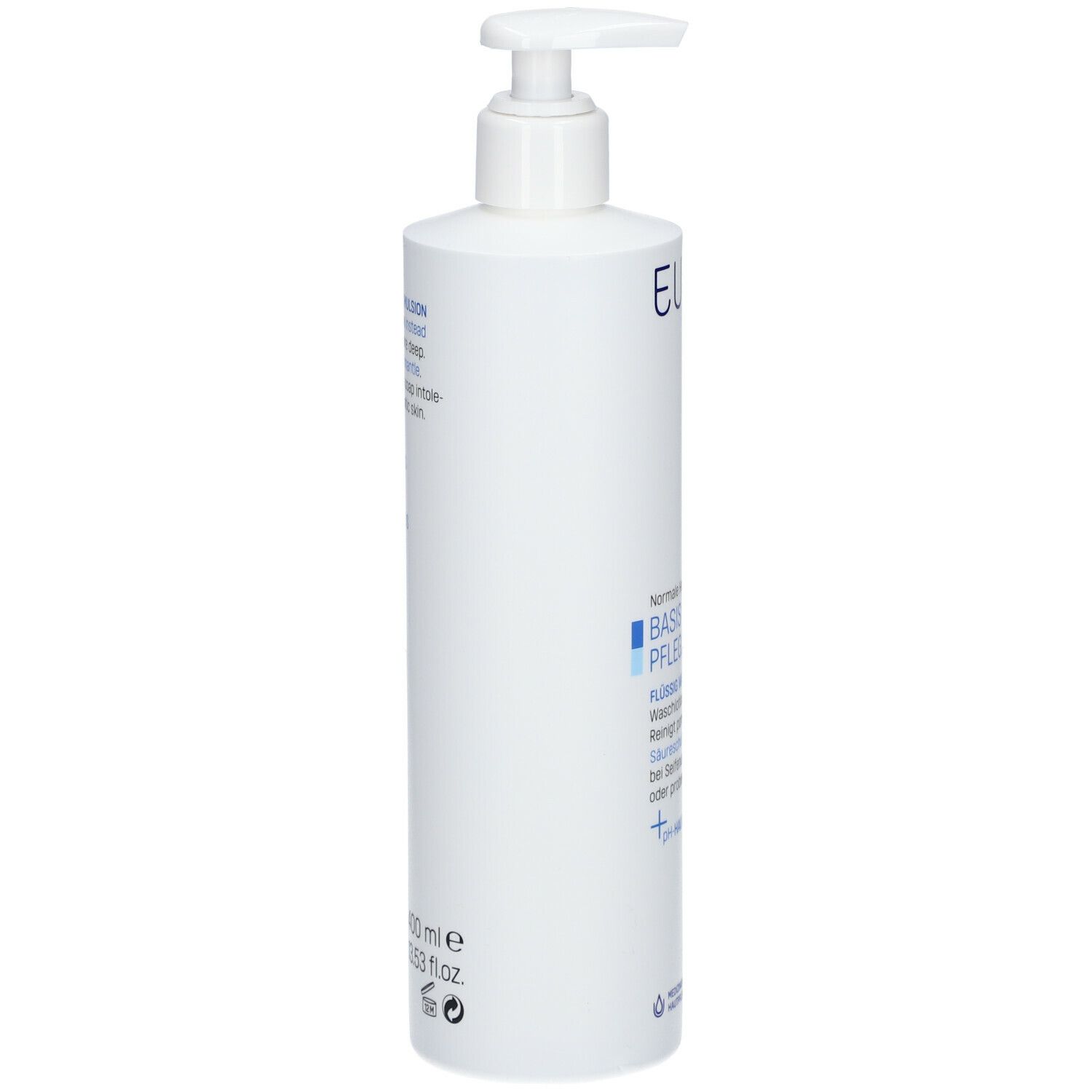Witte fles met pomp. Opschrift: EUBOS, BASIS VERZORGING, pH-neutraal. Voor normale huid.