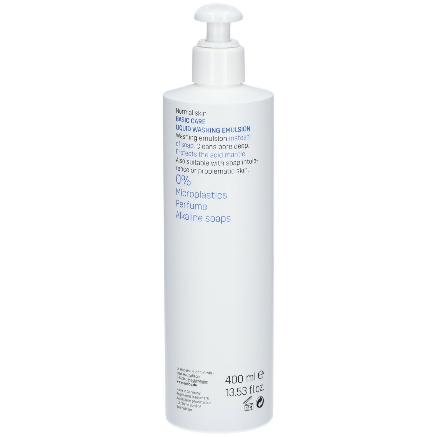 Witte fles met pomp. Opschrift: EUBOS, BASIS VERZORGING, pH-neutraal. Voor normale huid.