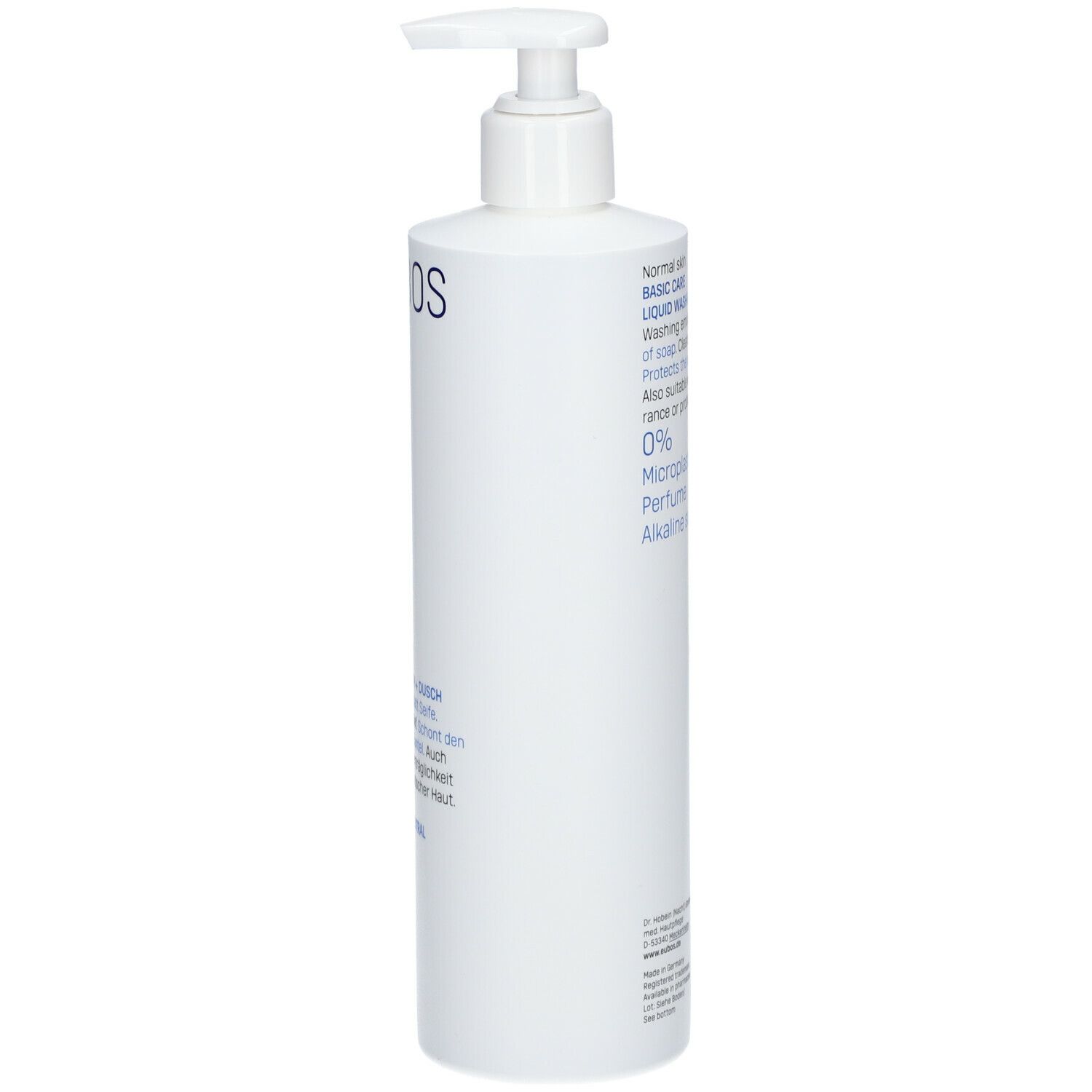 Witte fles met pomp. Opschrift: EUBOS, BASIS VERZORGING, pH-neutraal. Voor normale huid.