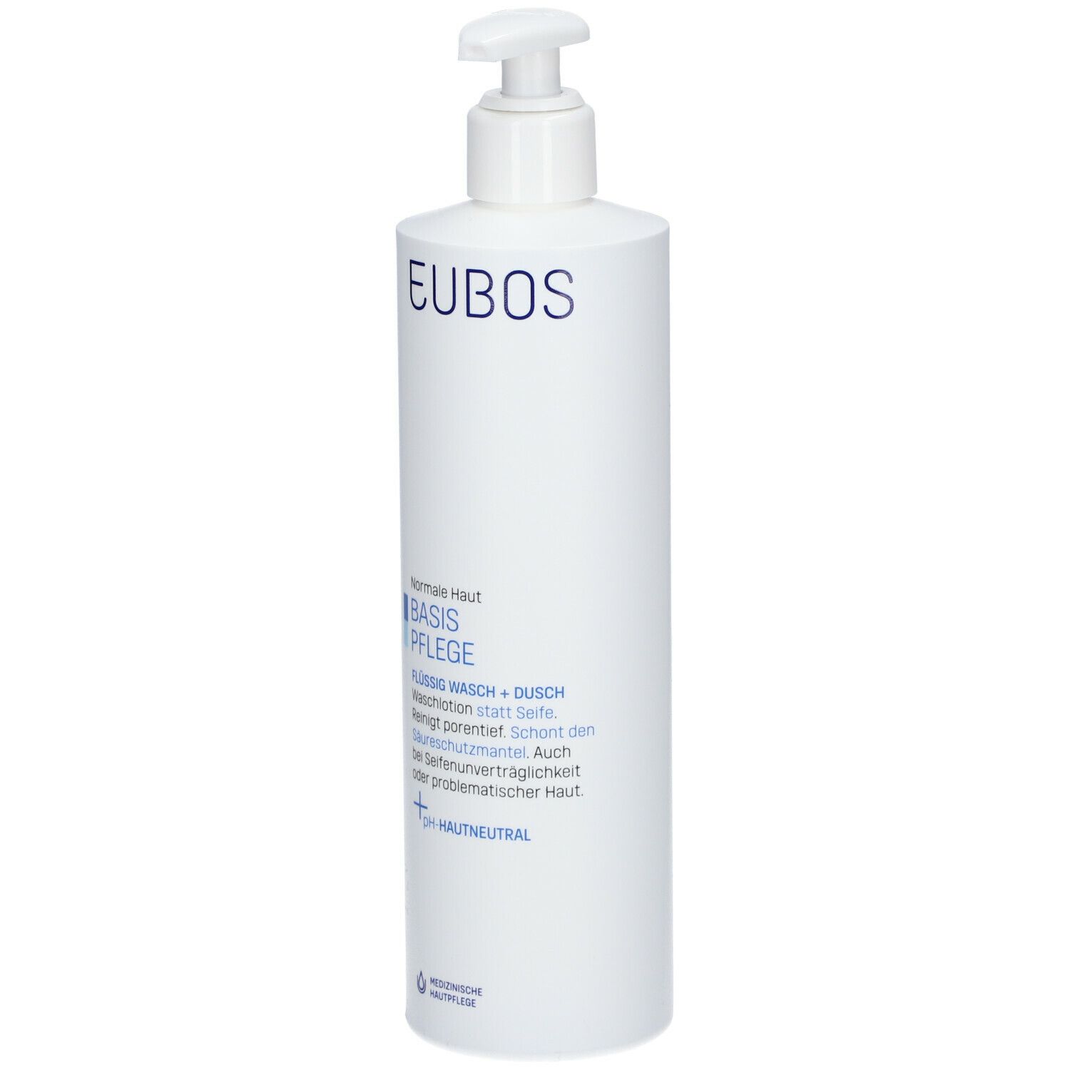 Witte fles met pomp. Opschrift: EUBOS, BASIS VERZORGING, pH-neutraal. Voor normale huid.