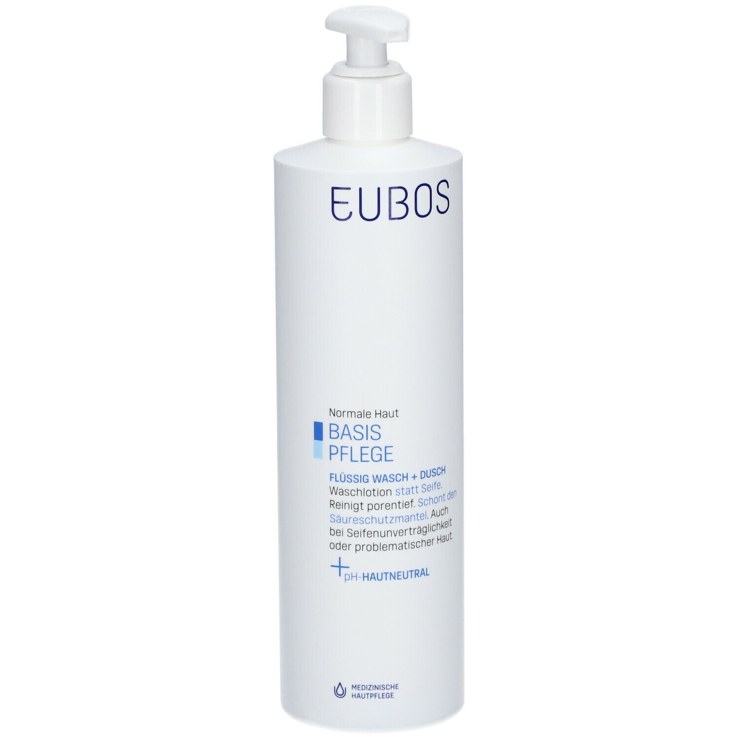 Witte fles met pomp. Opschrift: EUBOS, BASIS VERZORGING, pH-neutraal. Voor normale huid.