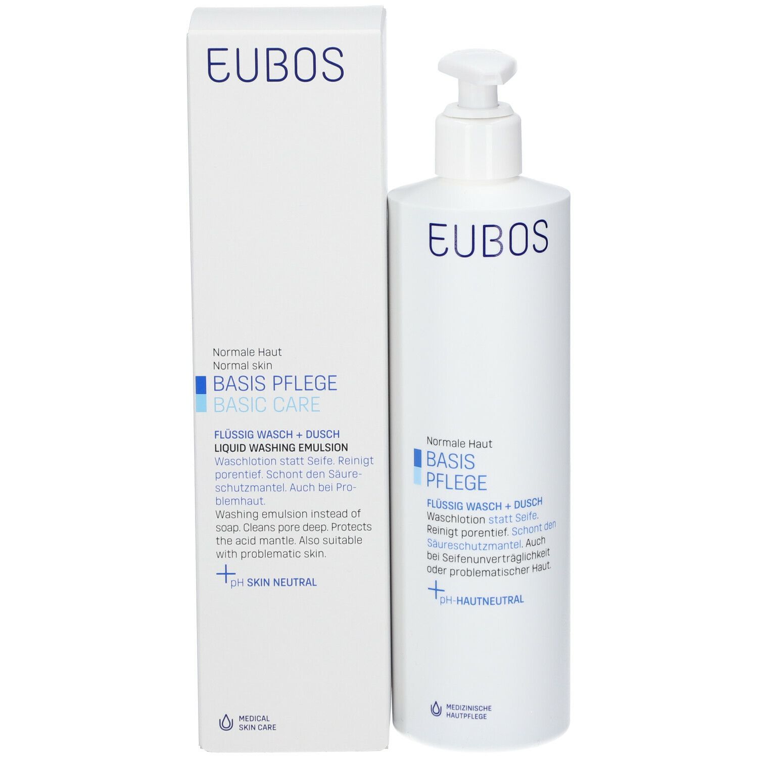 Productfles en verpakking. Opschrift: EUBOS, BASIS VERZORGING, pH-neutraal. Voor normale huid.