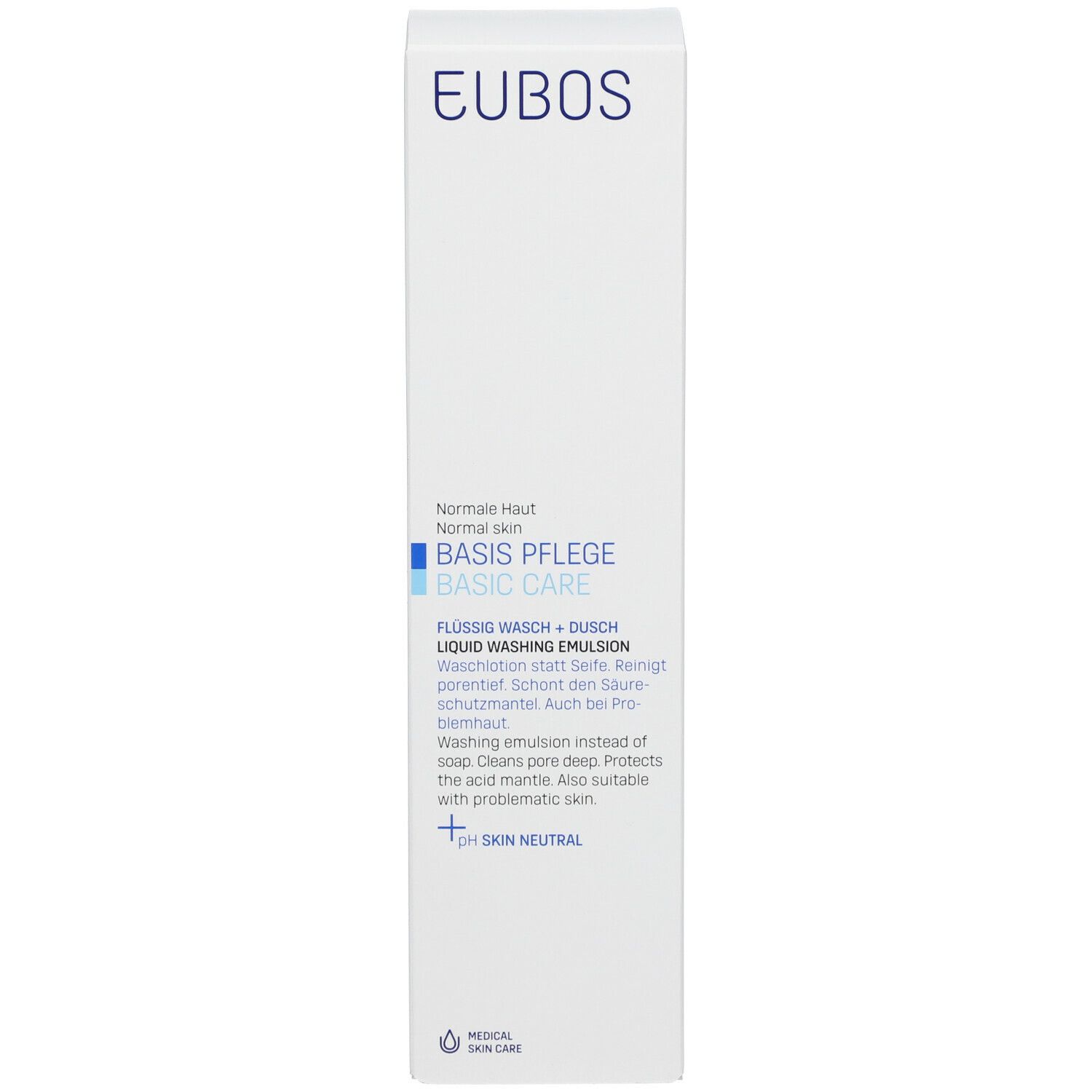 Productverpakking. Opschrift: EUBOS, BASIS VERZORGING, pH-neutraal. Voor normale huid.