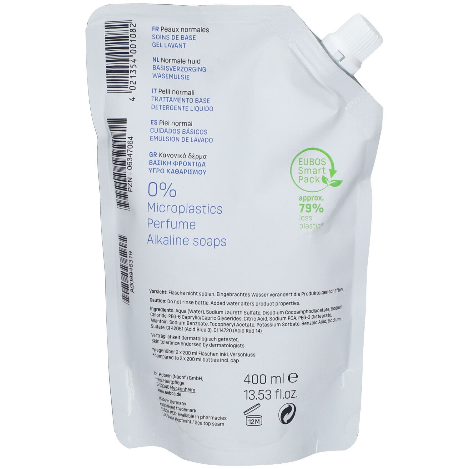 EUBOS Gel Lavant Liquide (Bleu) Recharge. Rückseite der Nachfüllpackung mit Produktinformationen und Logo.