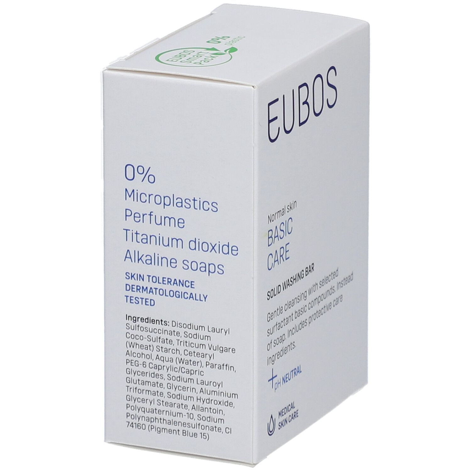Boîte blanche EUBOS. Inscription : 0% microplastiques, parfum, dioxyde de titane, savons alcalins. Testé dermatologiquement.