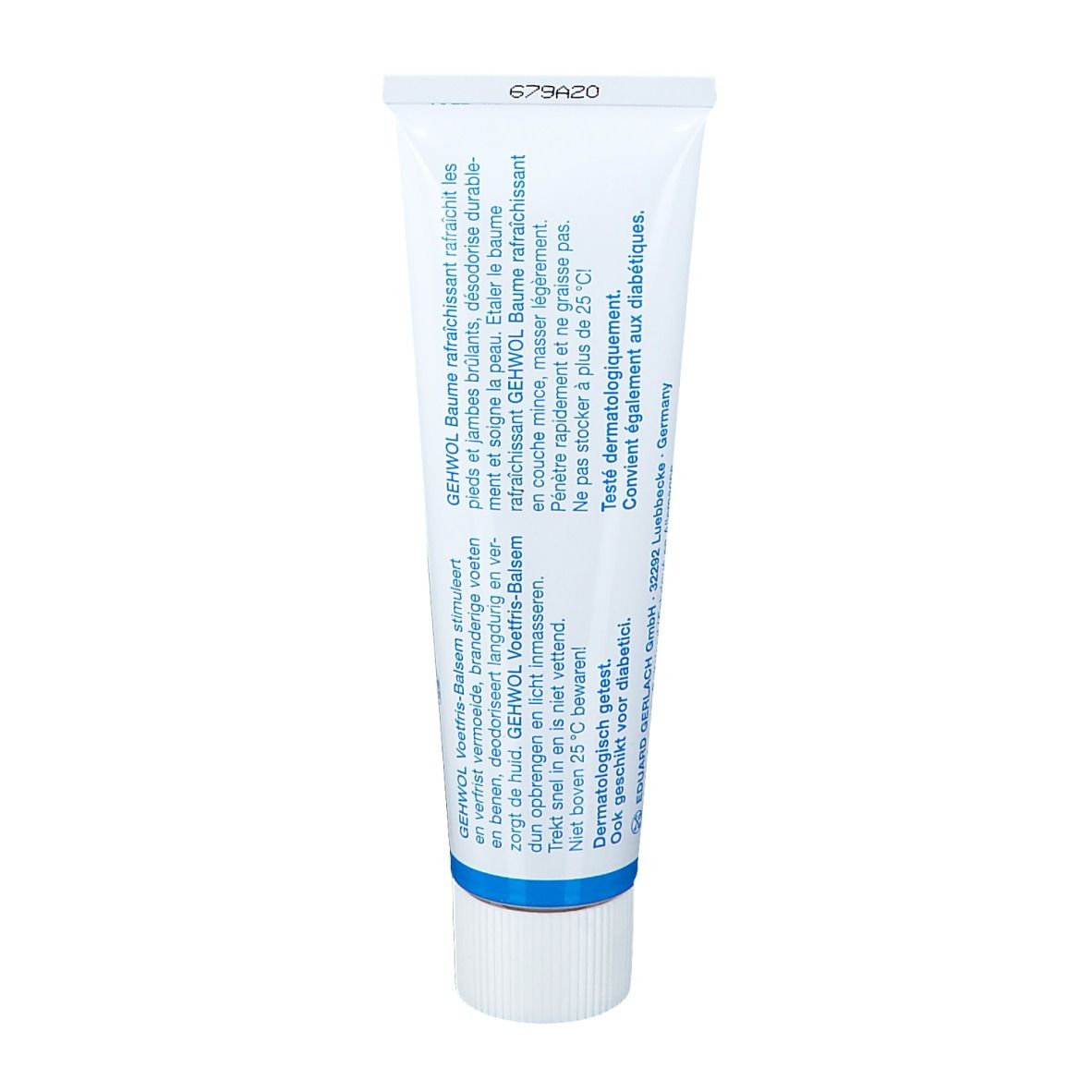 Dos du tube. Texte multilingue. Gehwol Voetfris-Balsem. Testé dermatologiquement. Convient aux diabétiques.