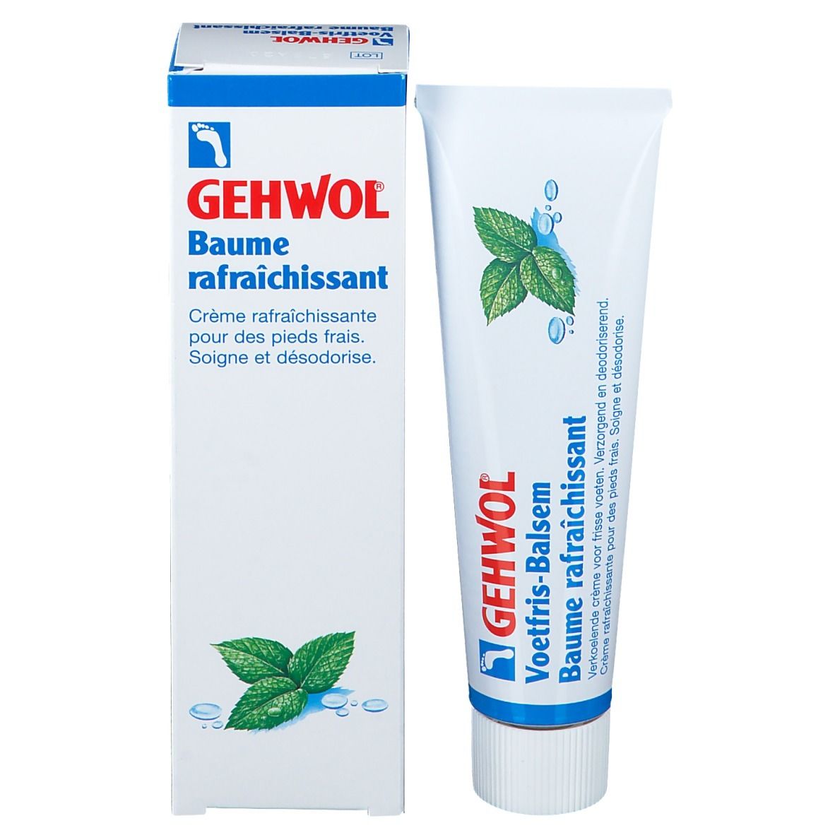 Gehwol Voetfris-Balsem et emballage. Boîte blanche avec impression bleue. Illustration de feuilles de menthe.