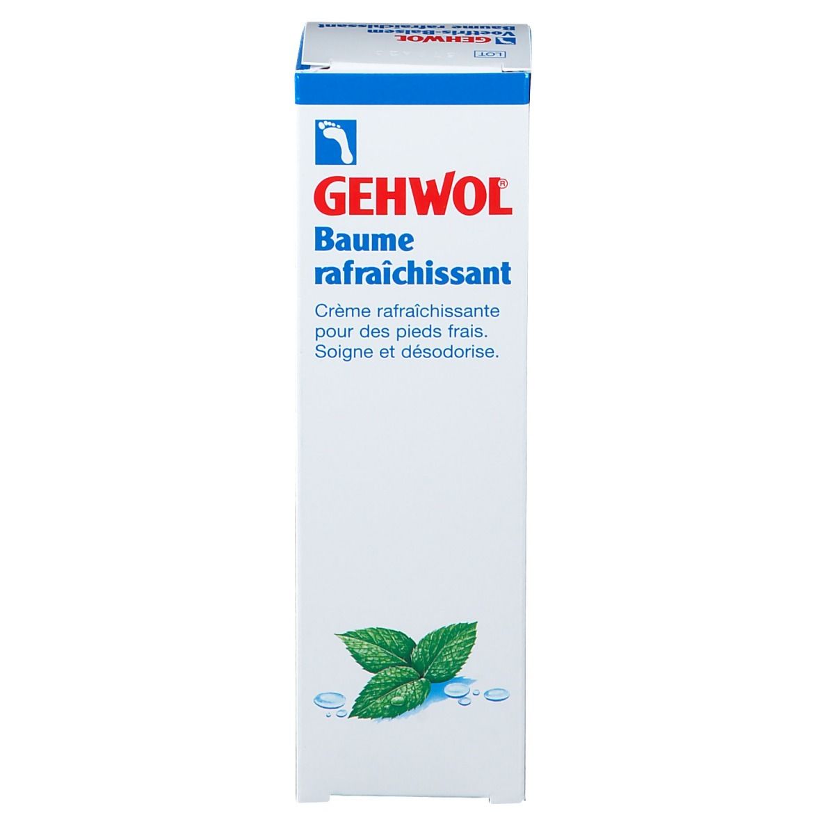 Boîte blanche avec impression bleue. Gehwol Baume rafraîchissant. Illustration de feuilles de menthe. Texte multilingue.