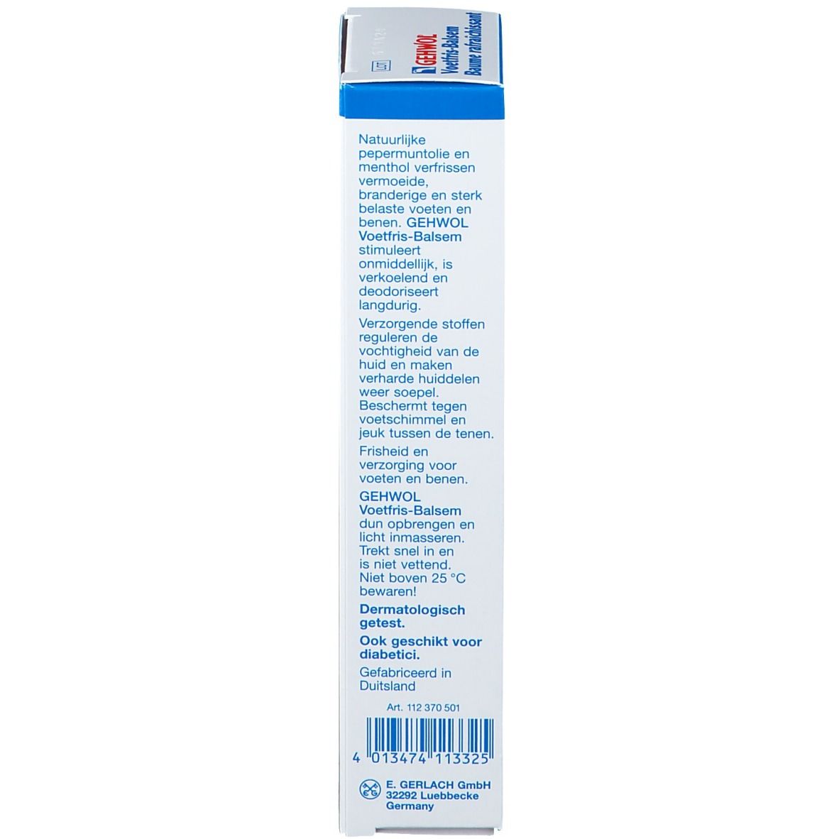 Dos de la boîte. Texte multilingue. Gehwol Voetfris-Balsem. Testé dermatologiquement. Convient aux diabétiques.