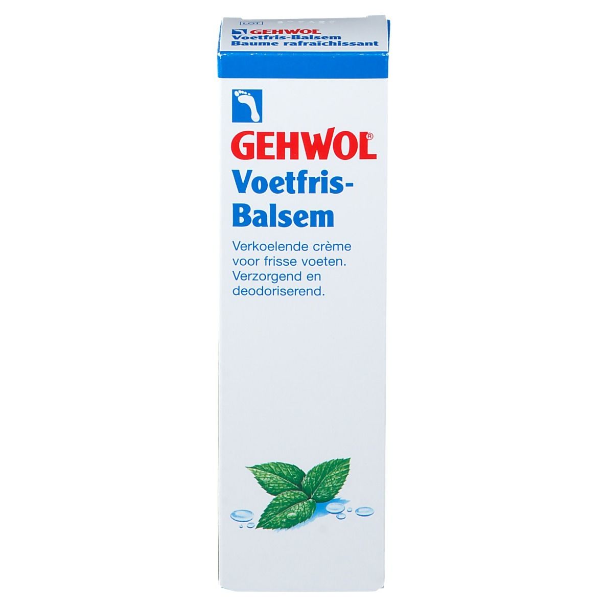 Boîte blanche avec impression bleue. Gehwol Voetfris-Balsem. Illustration de feuilles de menthe. Texte multilingue.