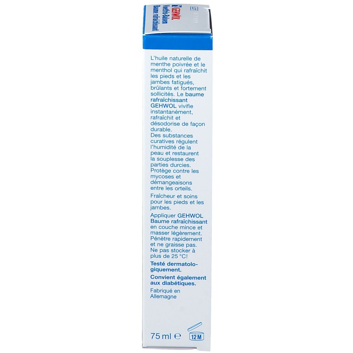 Dos de la boîte. Texte multilingue. Gehwol Voetfris-Balsem. 75 ml. Testé dermatologiquement.