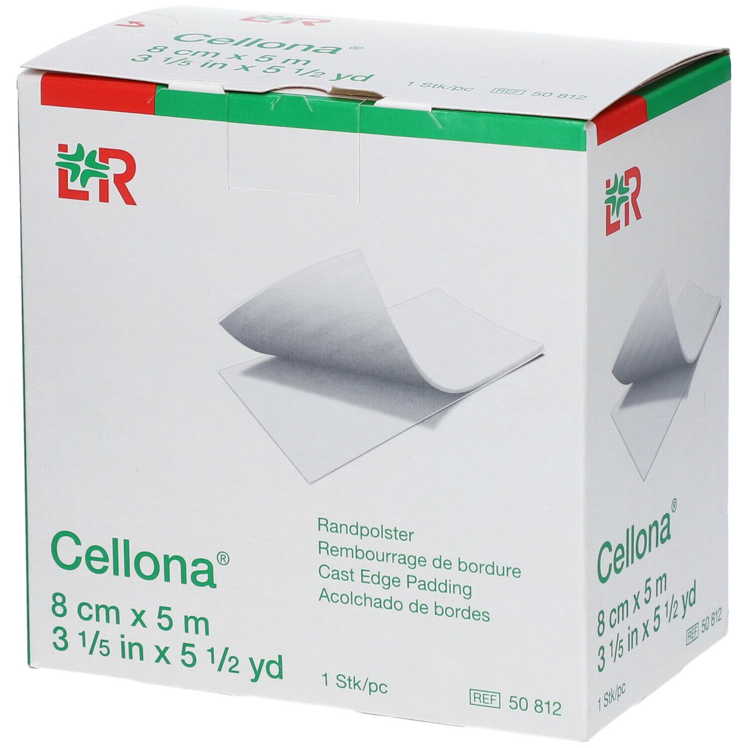 Emballage Cellona® Rembourrage de bordure. Dimensions : 8 cm x 5 m. Boîte blanche avec image du produit et logo.