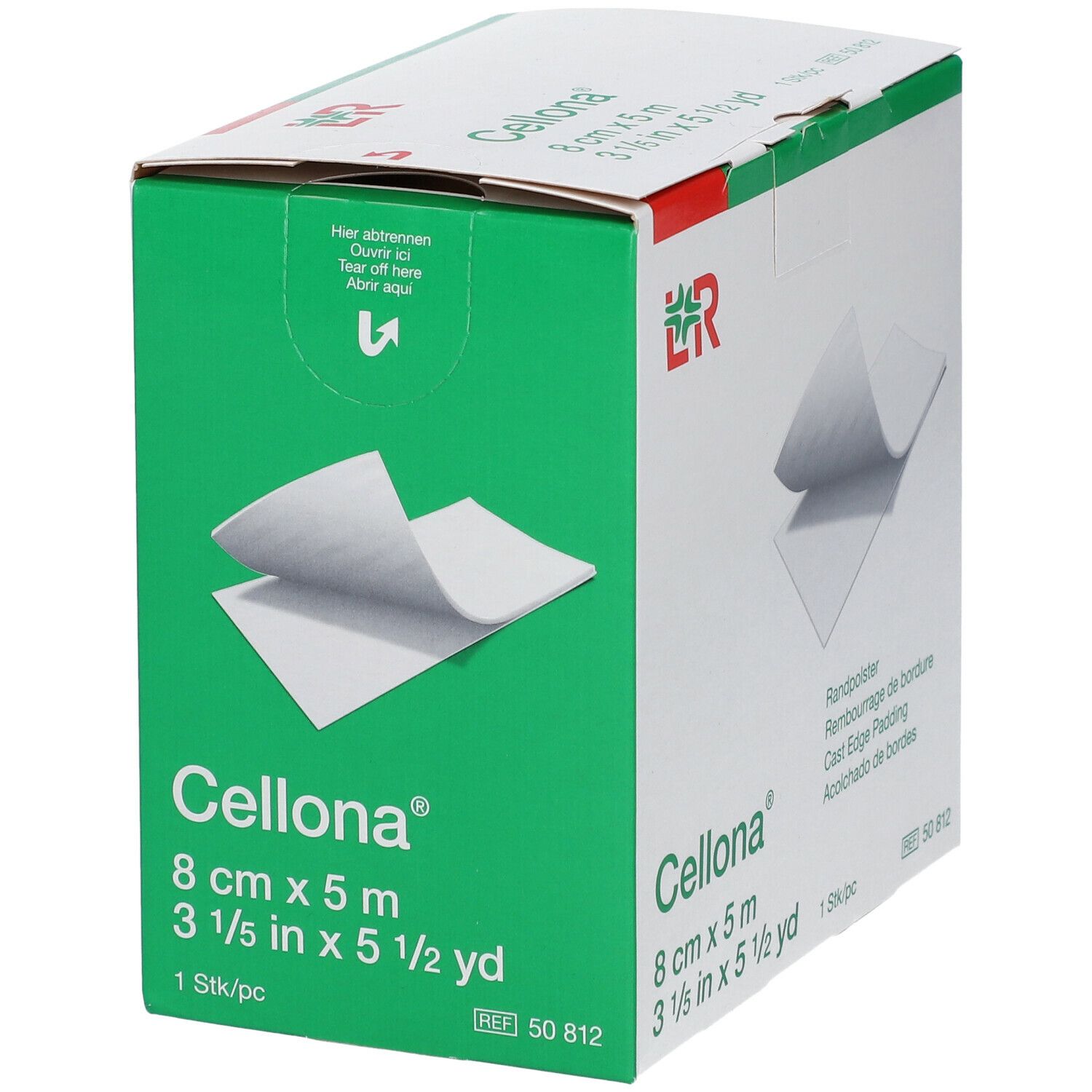Emballage Cellona® Rembourrage de bordure. Dimensions : 8 cm x 5 m. Boîte verte avec image du produit et logo.