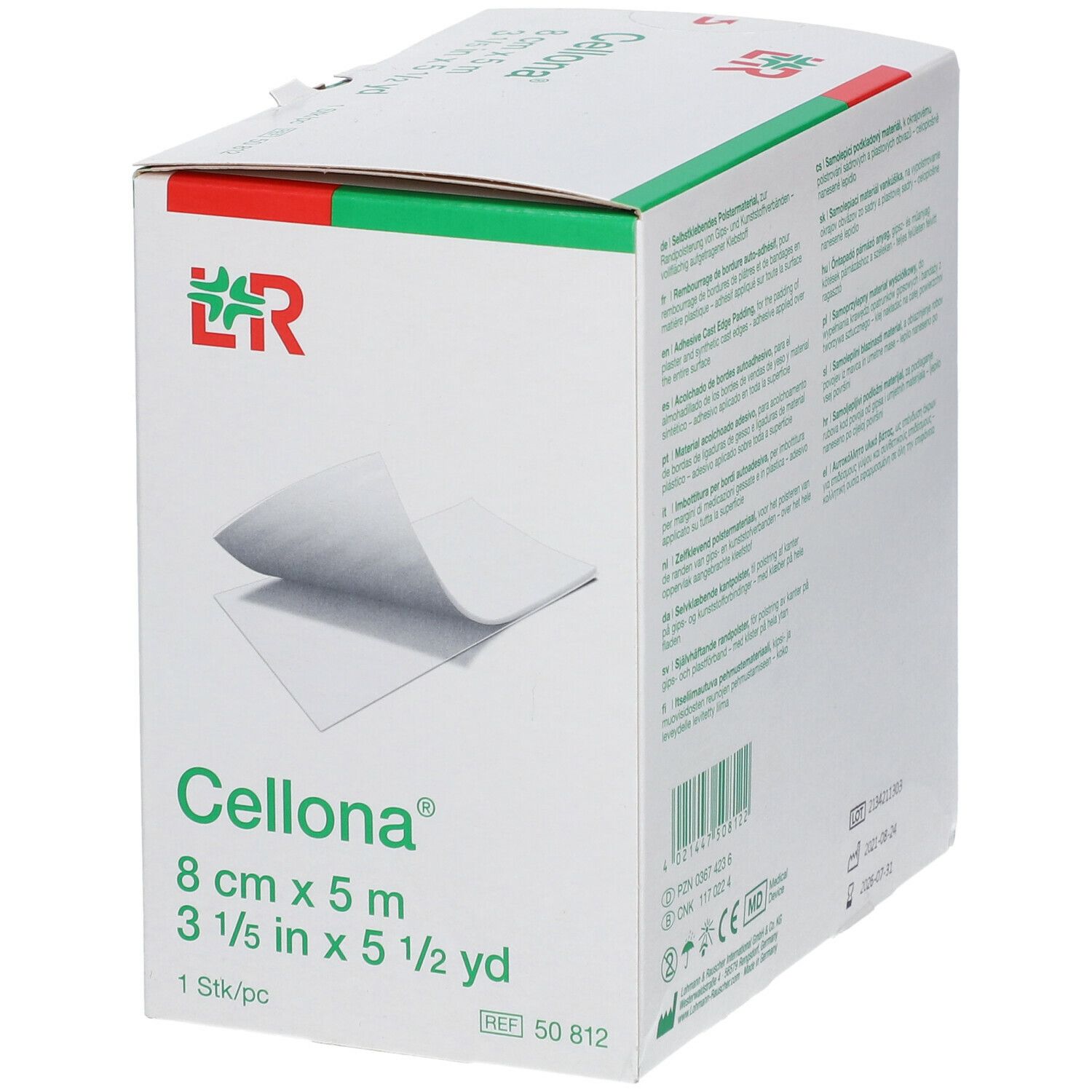 Emballage Cellona® Rembourrage de bordure. Dimensions : 8 cm x 5 m. Boîte blanche avec image du produit et logo.