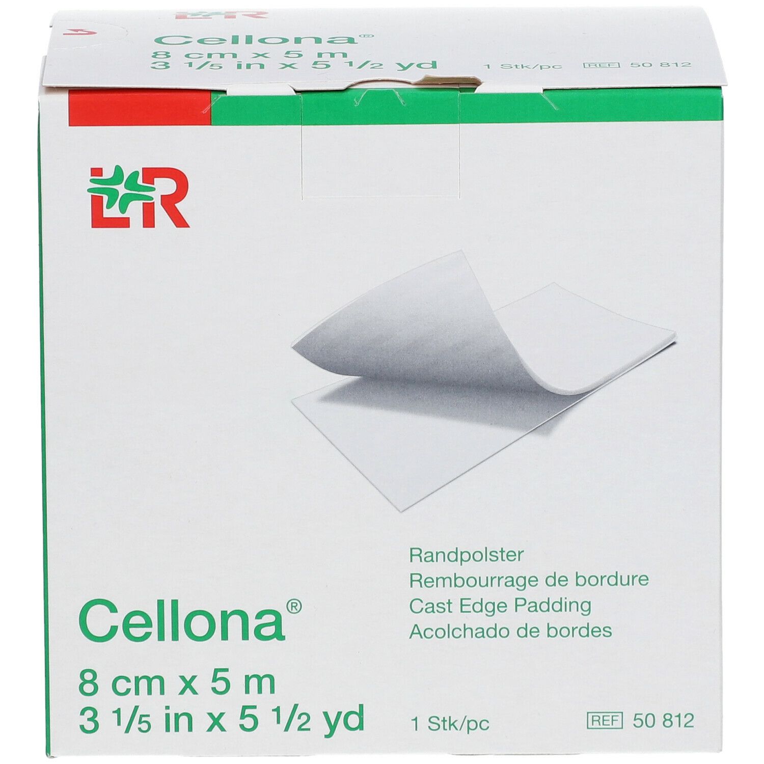Emballage Cellona® Rembourrage de bordure. Dimensions : 8 cm x 5 m. Boîte blanche avec image du produit et logo.