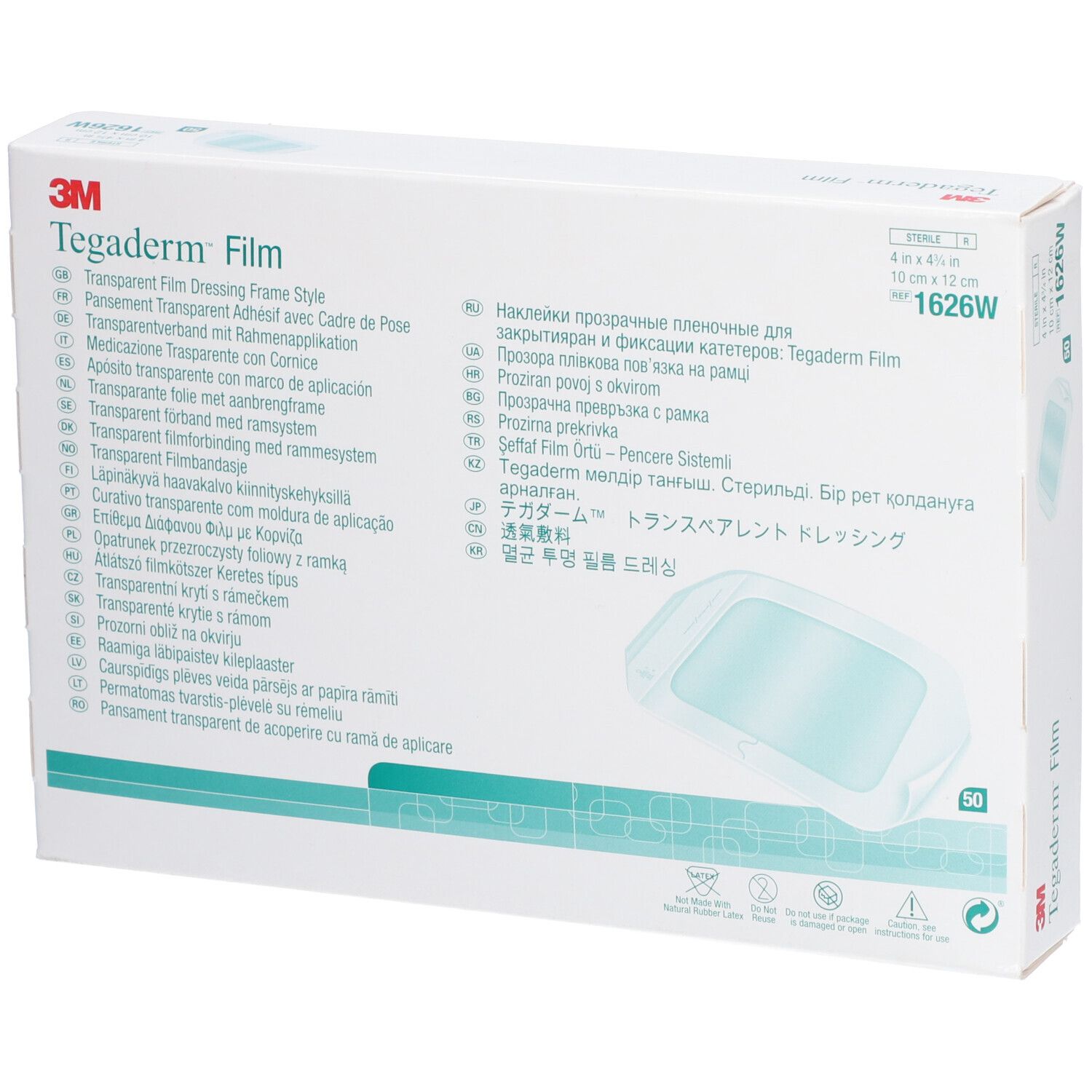 Emballage de 3M Tegaderm™ Film. Inscriptions multilingues. Image du produit. Dimensions : 10 x 12 cm.