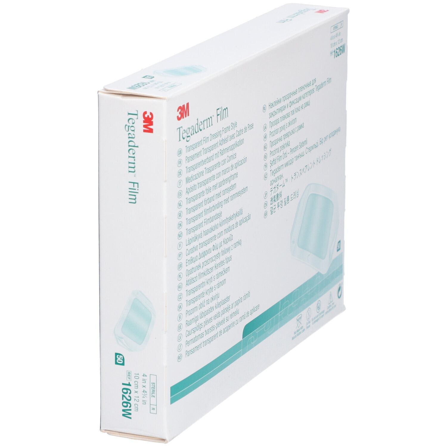Emballage 3M Tegaderm™ Film en biais. Inscriptions multilingues. Image du produit. Dimensions : 10 x 12 cm.