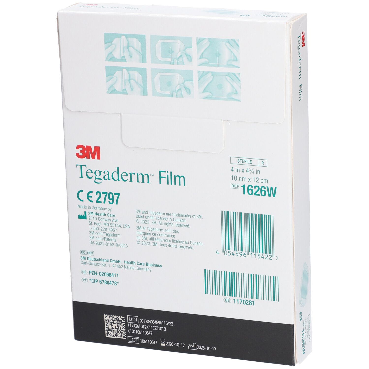 Dos de l'emballage 3M Tegaderm™ Film. Marquage CE. Dimensions : 10 x 12 cm. Stérile.