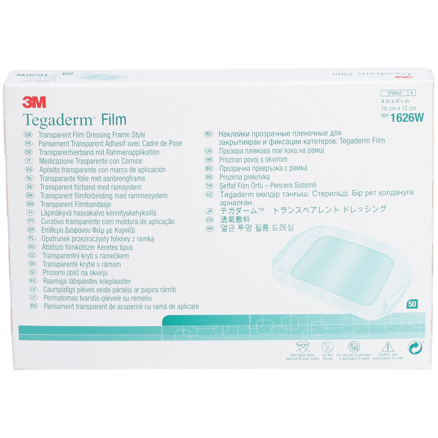 Emballage de 3M Tegaderm™ Film. Inscriptions multilingues. Image du produit. Dimensions : 10 x 12 cm.