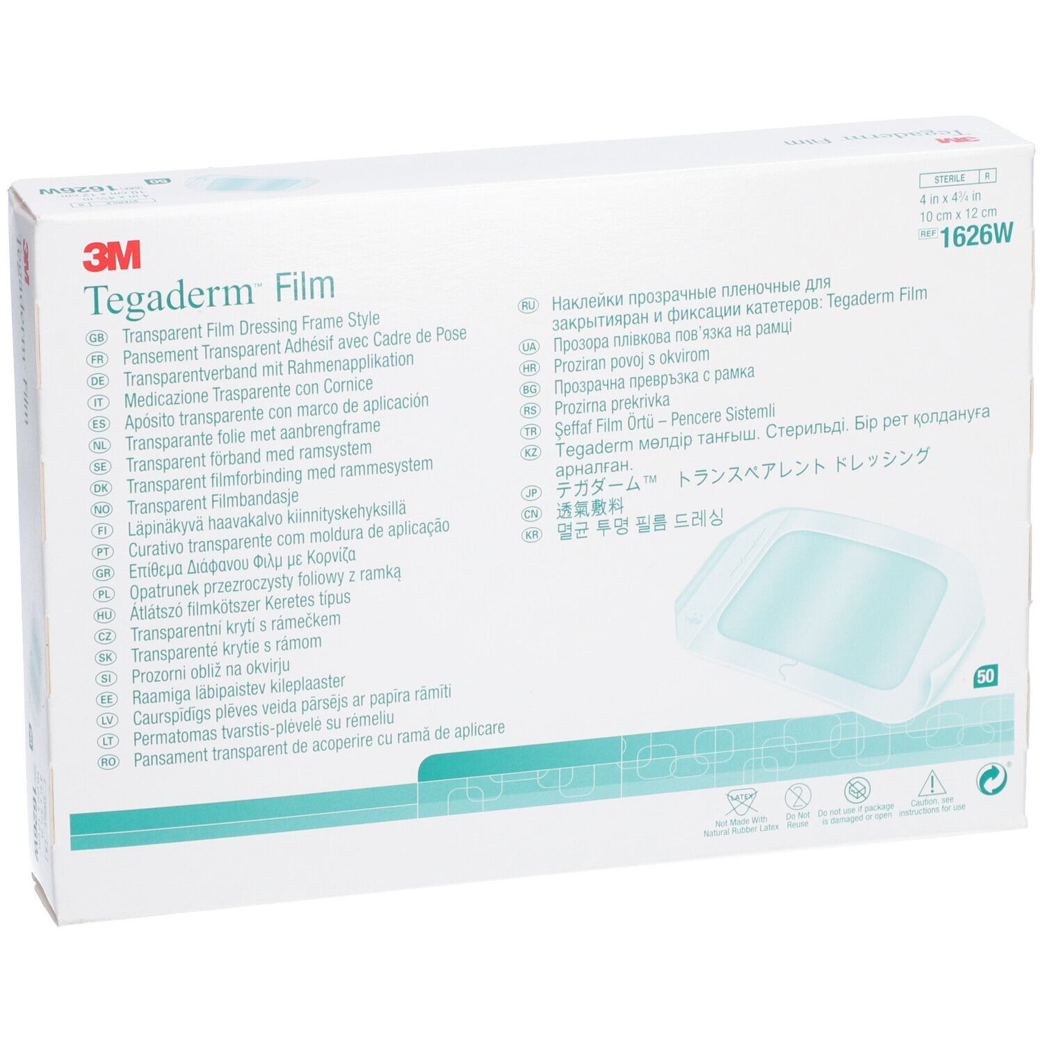 Emballage de 3M Tegaderm™ Film. Inscriptions multilingues. Image du produit. Dimensions : 10 x 12 cm.
