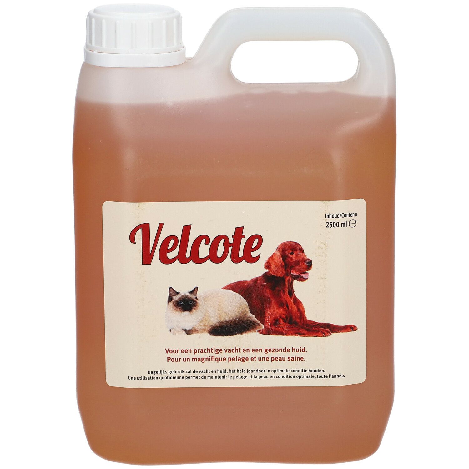 Bidon Velcote. Étiquette avec nom du produit, chat et chien. Inscription : Pour un pelage magnifique et une peau saine.
