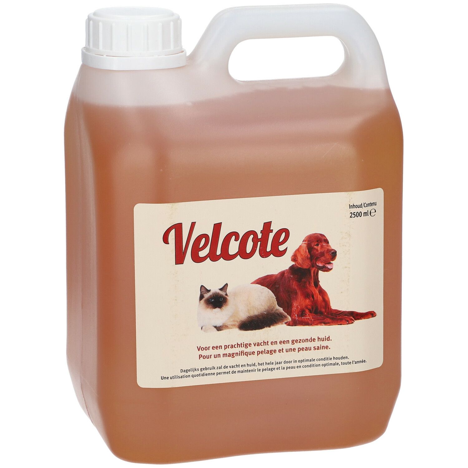 Bidon Velcote. Étiquette avec nom du produit, chat et chien. Inscription : Pour un pelage magnifique et une peau saine.