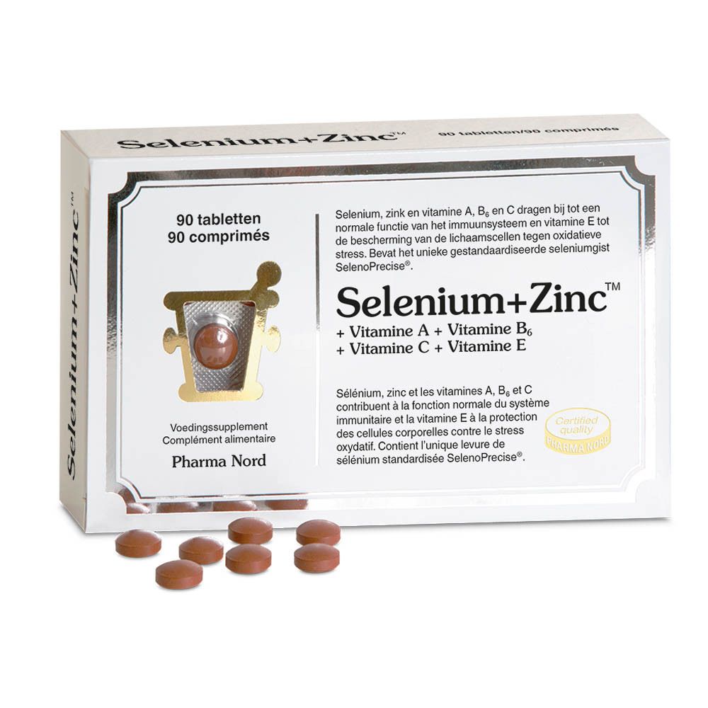 Boîte Pharma Nord Selenium+Zinc. 90 comprimés. Contient vitamines A, C, B6, E. Comprimés visibles.