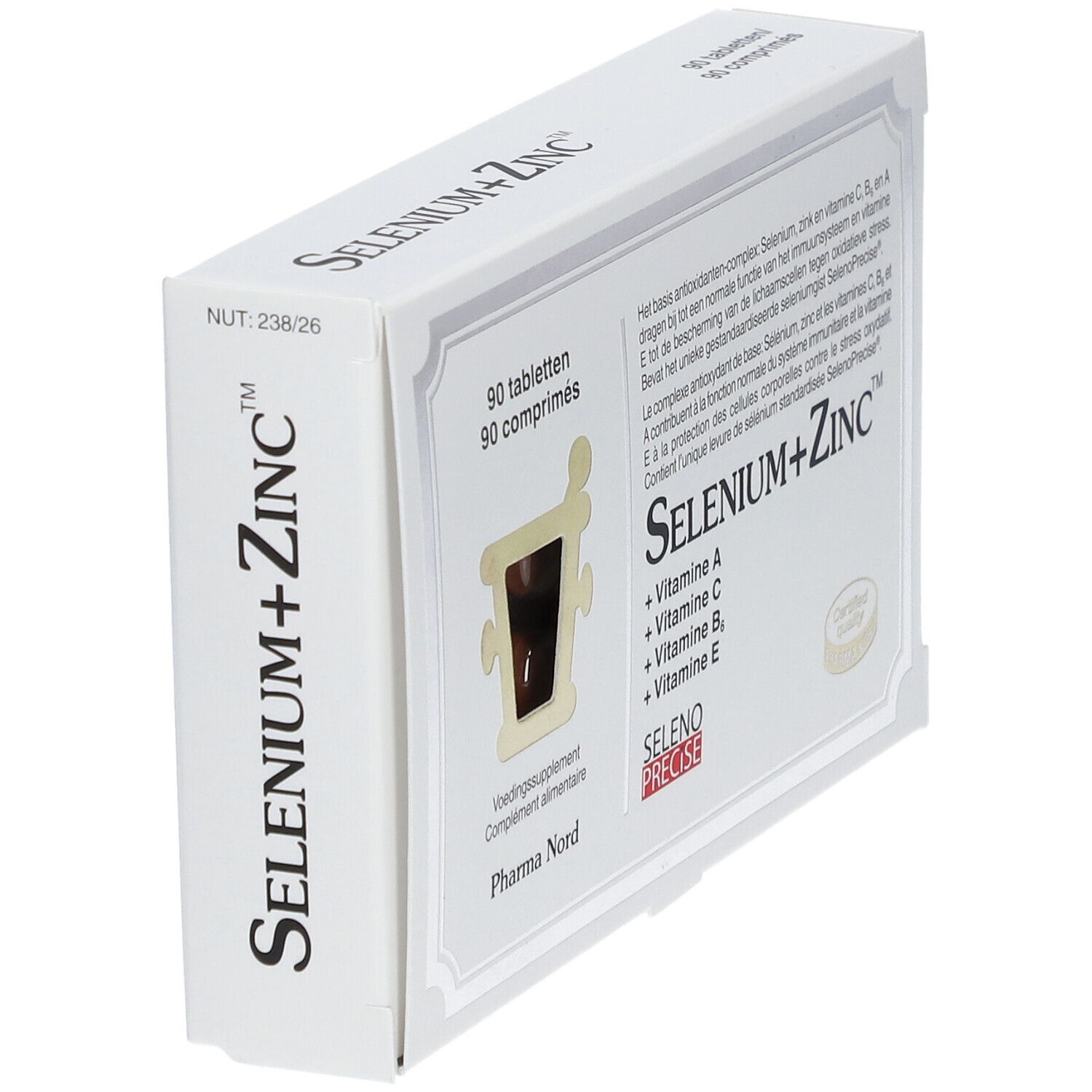 Boîte Pharma Nord Selenium+Zinc. 90 comprimés. Contient vitamines A, C, B6, E. Design blanc avec logo.