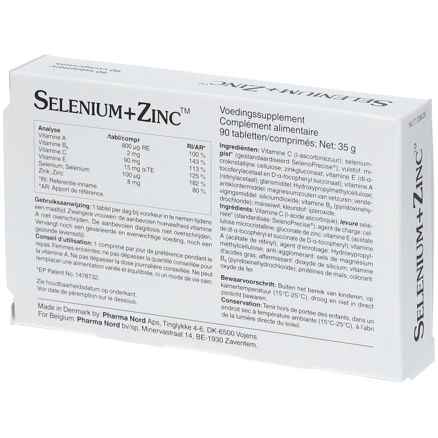 Dos de la boîte Selenium+Zinc Pharma Nord. 90 comprimés. Ingrédients, analyse, mode d'emploi.