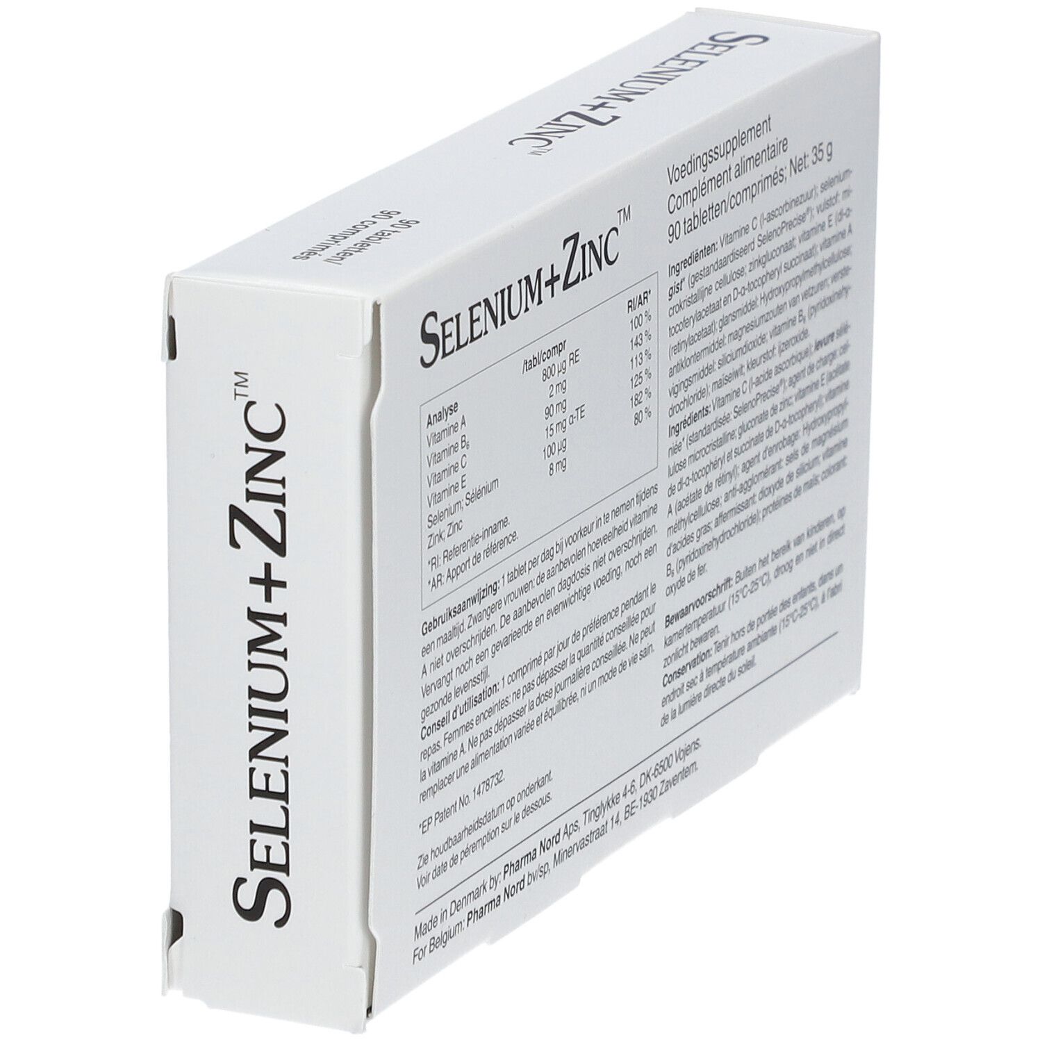 Boîte Pharma Nord Selenium+Zinc. 90 comprimés. Contient vitamines A, C, B6, E. Design blanc avec logo.
