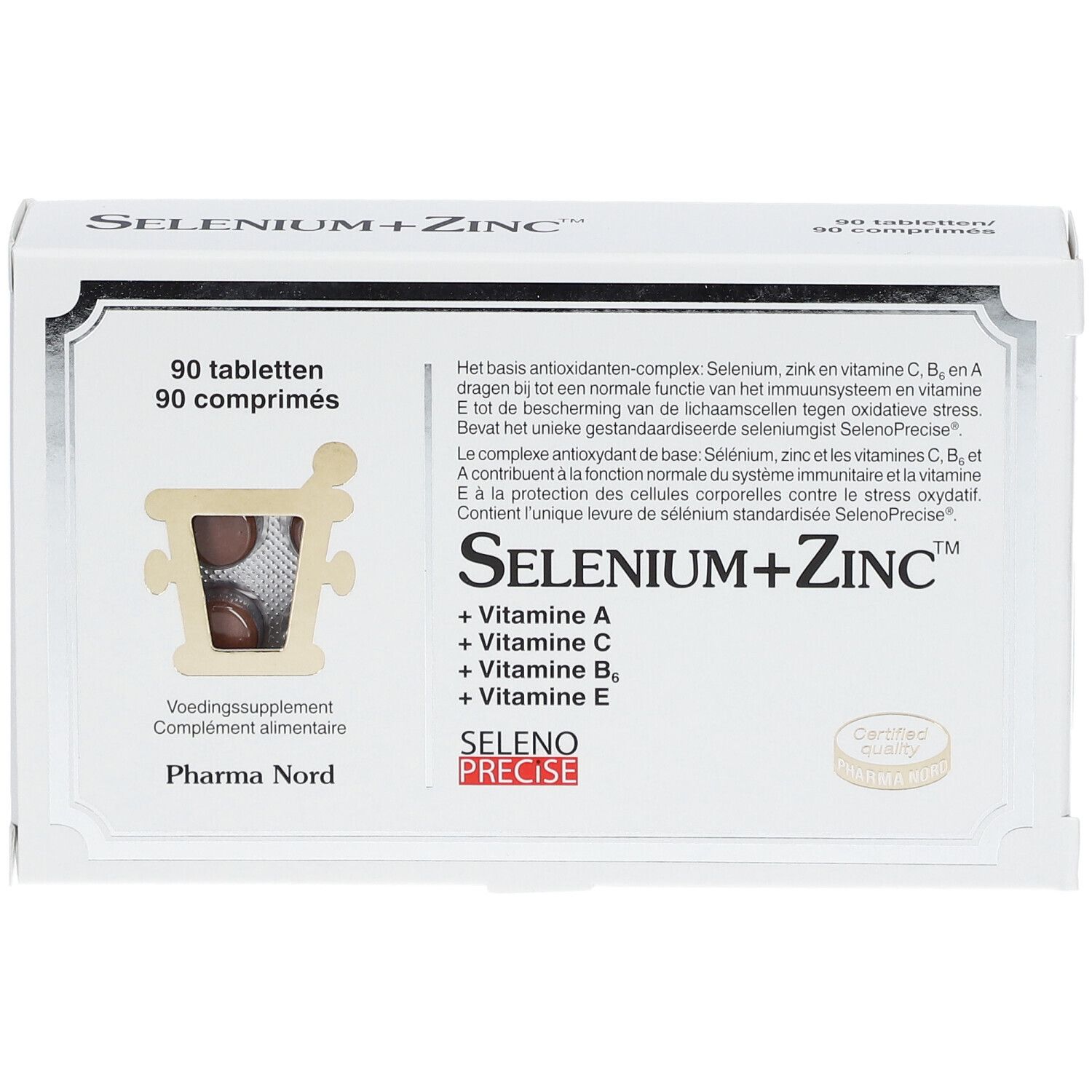 Boîte Pharma Nord Selenium+Zinc. 90 comprimés. Contient vitamines A, C, B6, E. Design blanc avec logo.